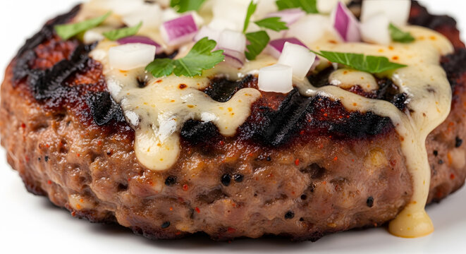 Pljeskavica or Serbia hamburger patty made from mixture of beef, lamb, and pork meat with garnish cuts and melty cheese on top