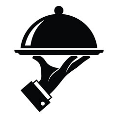 Fototapeta premium Black silhouette of hand holding covered serving dish on tray isolated on transparent background icon