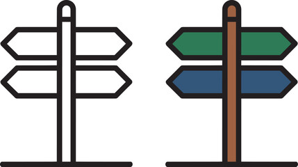 Obraz premium Signpost with directional arrows in outline and color illustrations showing different paths