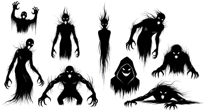 Black silhouettes of various monsters.
