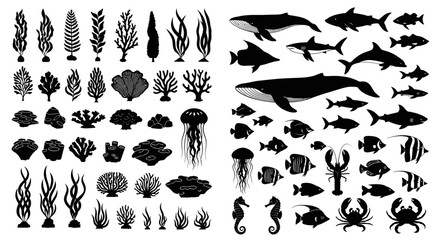 Black silhouette sea creatures icons set. © bayu