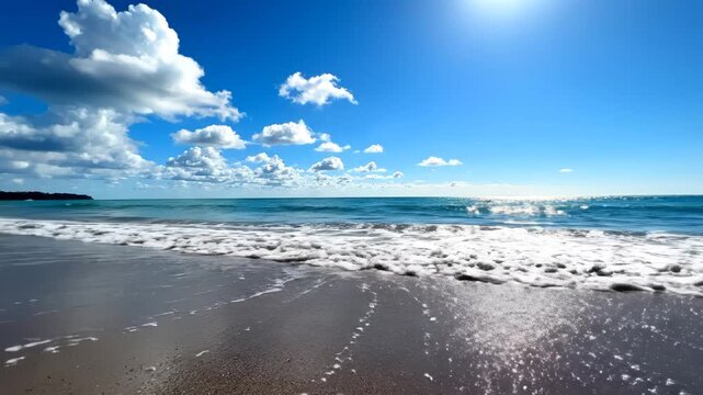 Beach with waves and blue sky ideal for travel vlogs and eco-friendly campaigns