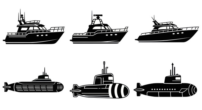 Black and white ships and submarines.