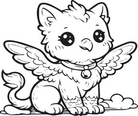 Fototapeta premium Black and white kawaii griffin vector illustration with transparent background. Cute mythical creature design, minimalist outline, clean commercial stock style.