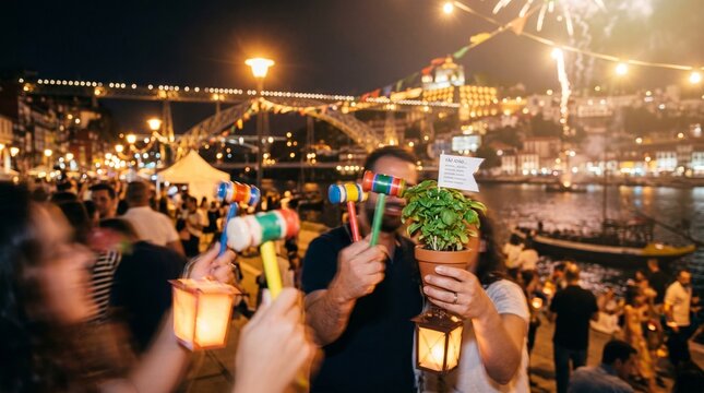 People celebrating at night with fireworks and traditional toys
