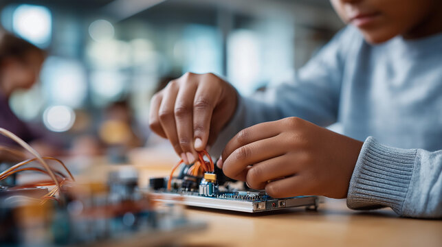 Close up of small hands assembling components of a robotic prototype on a bright clean classroom workbench girls in STEM robotics education classroom prototype hands