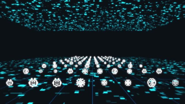 Digital Universe: Dive into the depths of a futuristic digital landscape, where lines of digital symbols. it is like information flows across a dark blue canvas.