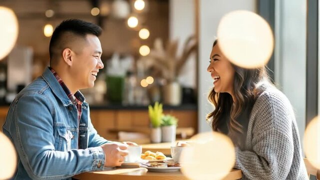 happy asian couple talking and smiling on date in cozy cafe. man and woman drinking coffee with pastry. romantic relationship, casual meeting, weekend leisure. dating app, restaurant menu design.