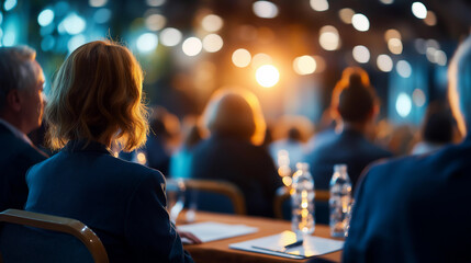Obraz premium Cinematic wide back view of seated audience silhouettes facing a bright softly defocused round table convention with panelists and microphones at the front round table