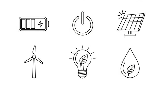 Set of hand-drawn icons representing renewable energy sources and power.