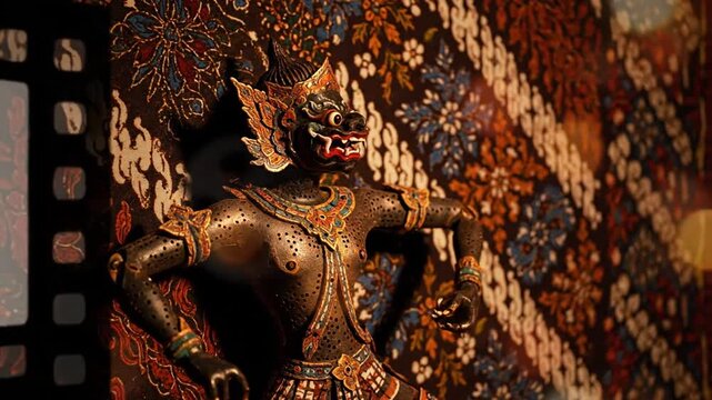 Traditional Javanese Wayang Golek puppet on patterned background