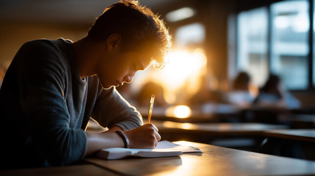 Cinematic side view of a silhouetted bored student figure doodling absently in a notebook at a bright softly defocused classroom desk classroom boredom study fatigue faceless