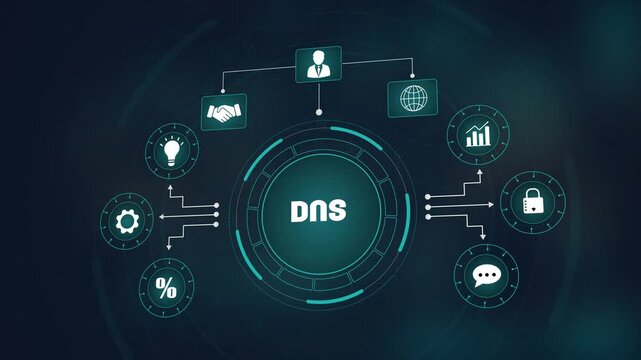 Advanced digital DNS technology interface, global business network with glowing icons, professional domain name system and innovative data flow.
