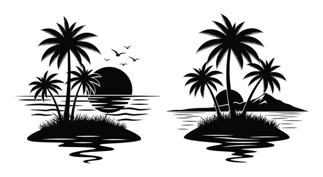 Paradise island scenes with coconut trees and mountain peaks under sunset sky silhouette for coastal tourism and surf lifestyle graphics set of tropical beach views on transparent base.