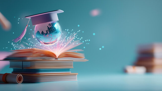 Floating hologram composition of glowing graduation cap books world globe and rolled diploma above a clean bright pastel backdrop global education academic success knowledge