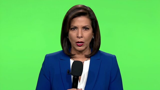 Professional female news anchor speaking into a microphone against a green screen background, mature journalist in blue blazer reporting for broadcast.