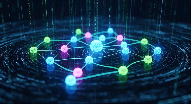 A complex structure of glowing blue pink and green spheres connected by lines on a dark circular surface with digital rain and concentric rings of light.