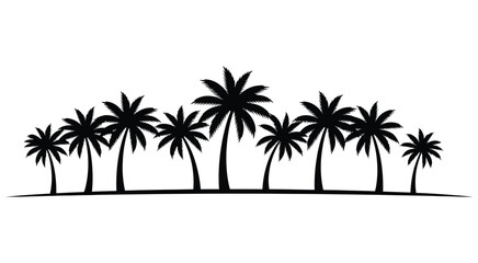 Obraz premium Black silhouette of palm trees in a row isolated on transparent background landscape design elements for tropical summer beach theme concept art for tourism website or exotic travel banner vector.