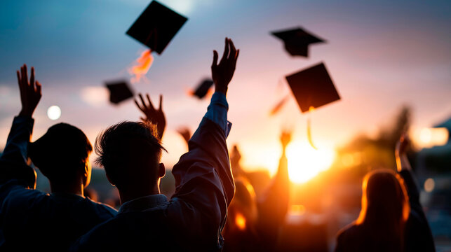 Cinematic wide back view of silhouetted graduate figures with arms raised tossing caps into a bright softly defocused sunset sky graduation celebration sunset graduation