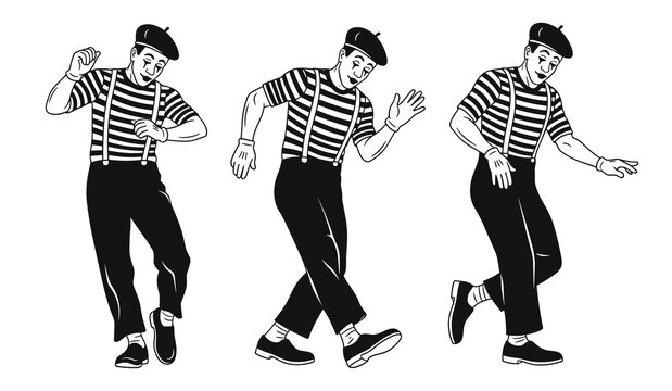 Mime Artist Performer Dancing Character Set in Retro Doodle Style