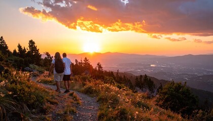 Fototapeta premium Couple enjoys breathtaking sunset view from mountain trail.
