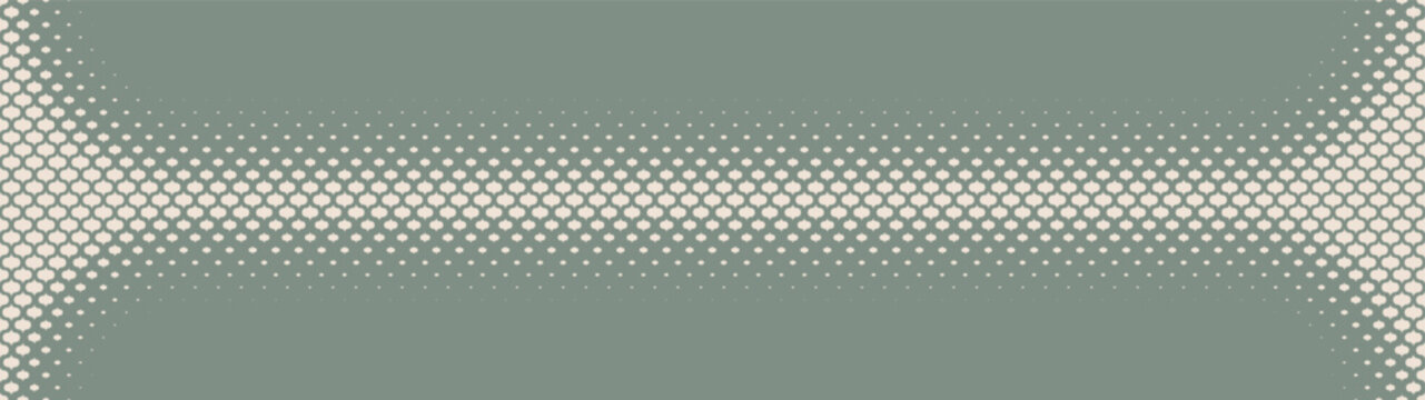Boho scale halftone pattern long divider ultra wide 32:9 aspect ratio pale green vector abstract background. Bohemian vintage styled half tone panoramic format fancy graphic abstraction design element