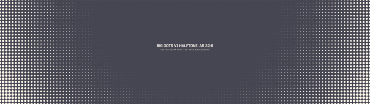 Big dots grid halftone pattern smooth rounded frame ultra wide 32:9 aspect ratio vector grey graphite abstract background. Half tone texture panoramic ultrawide format retro styled futuristic backdrop