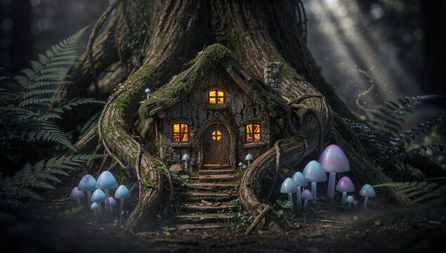 Miniature moss house with warm light in forest roots, magical nature scene