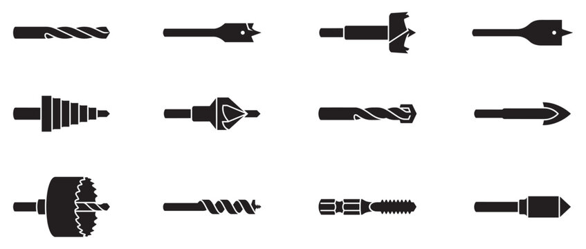 Drill bit and hardware tool icon set. Industrial construction and woodworking equipment. Metal and wood drilling symbols. Professional workshop tools silhouettes. Vector illustration. Vector Graphic. 