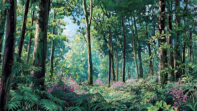 Lush green forest with tall trees and ferns, dappled sunlight filtering through the canopy.
