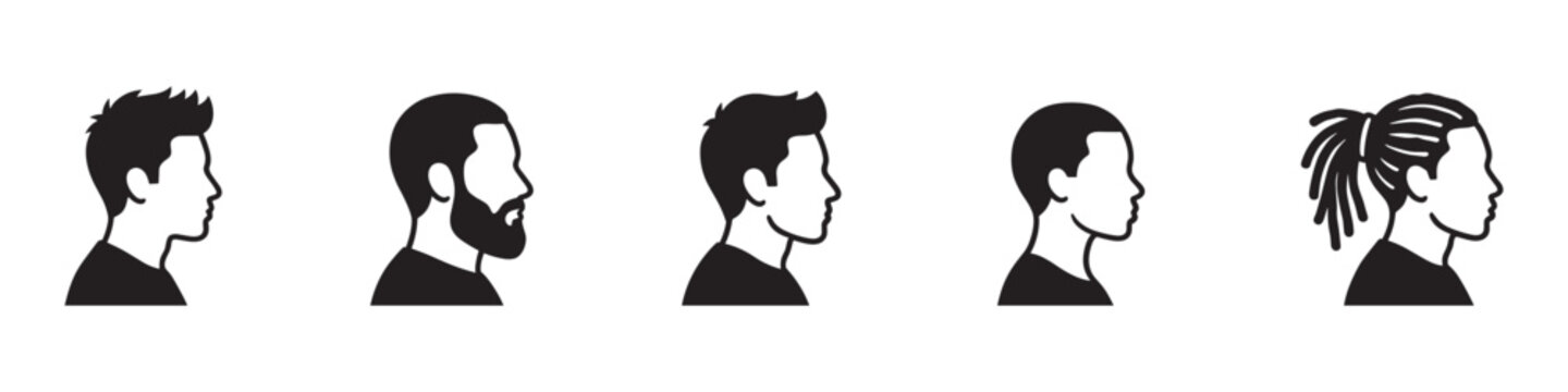 Men hairstyle and beard icon set. Male head profile with different haircuts. Barbershop grooming symbols. Vector illustration.