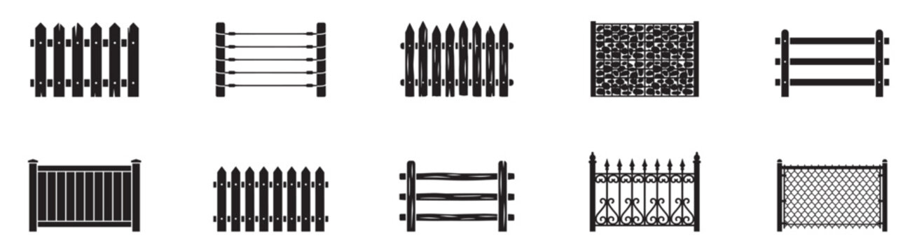 Garden fence icon set. Different types of wooden, metal and stone boundary. Backyard security and decoration. Vector illustration.