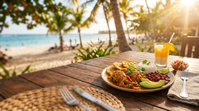 Delicious meal served on a wooden table overlooking a tropical beach at sunset