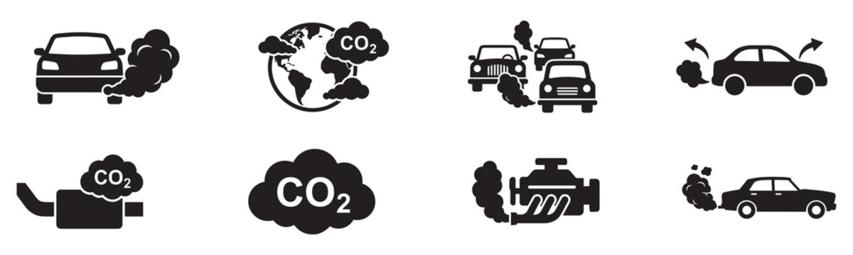 Car CO2 emissions icon set. Carbon dioxide exhaust gas from vehicle. Global warming and pollution symbol. Vector illustration.