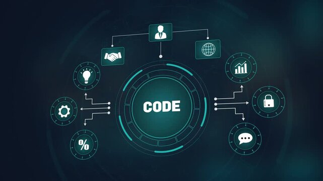Advanced digital code programming system, global business network with glowing icons, professional technology development and innovative data flow.