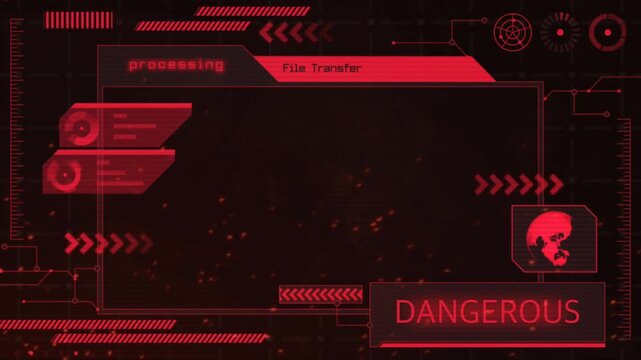Animation red HUD frame techniology with text DANGEROUS.