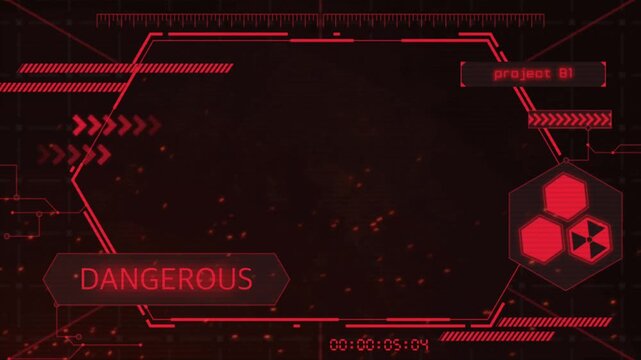 Animation red HUD frame techniology with text DANGEROUS.