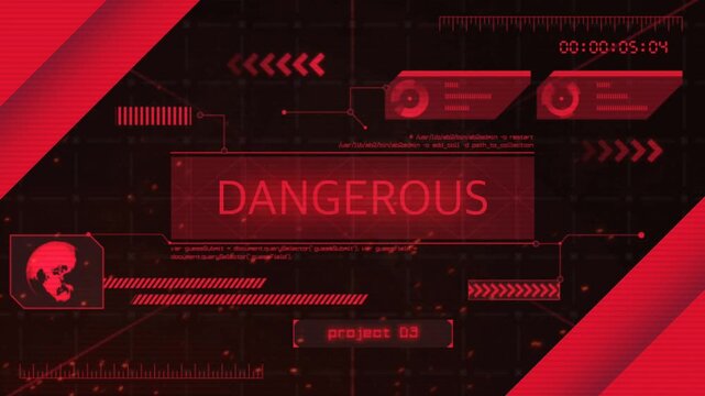 Animation red HUD frame techniology with text DANGEROUS.