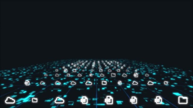 Digital Cloudscape: A captivating digital display of interconnected data, icons, and structures. Evoking a sense of innovation and the boundless possibilities of technology.
