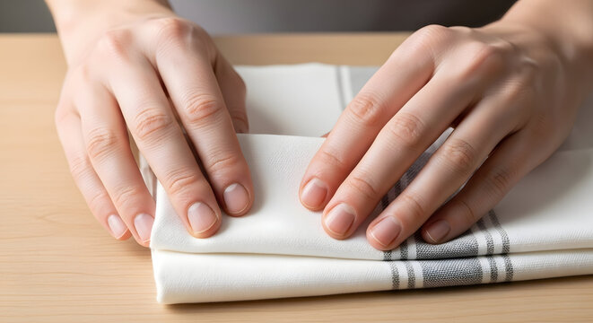 A person folding a white cloth napkin with black stripes on a wooden table
