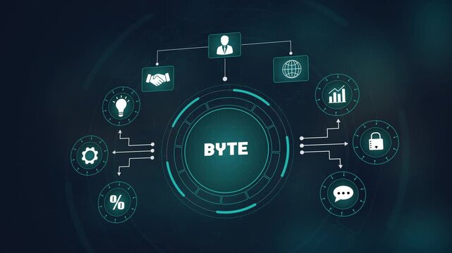 Advanced digital byte technology interface, global business network with glowing icons, secure data storage and innovative information processing flow.