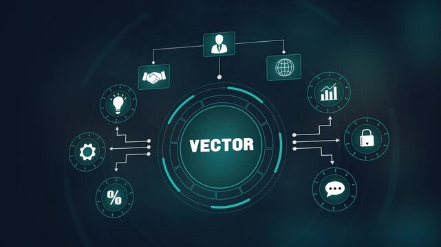 Advanced digital vector graphics interface, global business network with glowing icons, professional technology visualization and creative data flow.