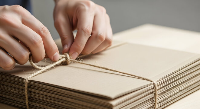 Hands tying a bundle of papers with a string