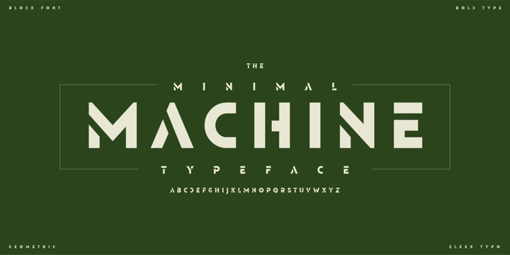 Stencil Geometric Font Logo Strong Alphabet Bold Letter Set Modern Strong Typography, Military Typographic Design for Robotic Innovation Tech, Urban Emblem, Sport Label. Blocks Fonts. Vector Typeface
