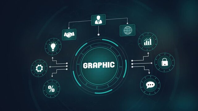 Advanced digital graphic design interface, global business network with glowing icons, professional technology visualization and creative data flow.