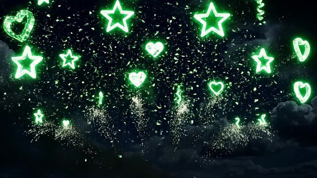 A vibrant display of green fireworks exploding in the night sky with heart and star shapes