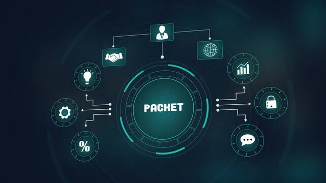 Advanced digital data packet transfer system, global network communication interface with glowing icons, secure business technology and information flow.