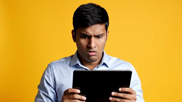 confused indian man looking at tablet screen and scratching head against yellow background. frustrated male user having problems with modern device. technology error concept, digital communication.
