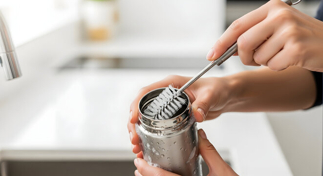 A person using a muddler to mix and crush ingredients in a metal cocktail shaker