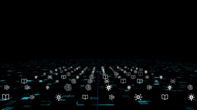 Digital Grid with Icons: Futuristic digital grid with an array of interconnected icons, each representing a facet of technological innovation and abstract concept.
